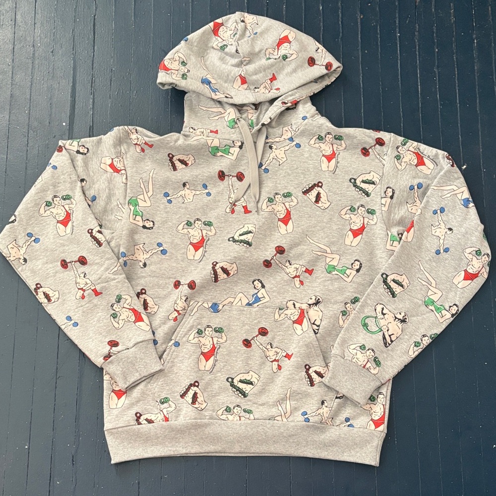 Moschino cartoon weight lifters and pin-up models print gray hooded sweatshirt